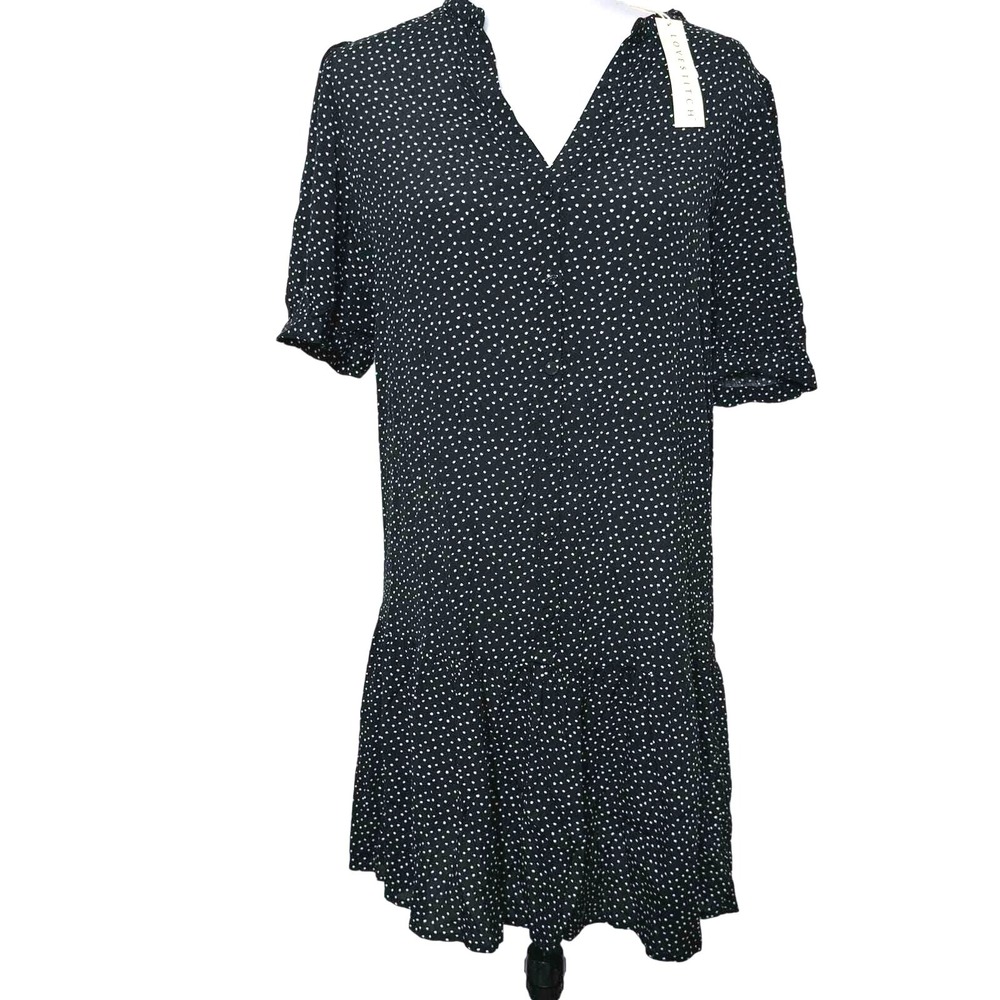 Lovestitch Monica Dress Women Small Polka Dot Ruffle Hem Shift Black White
